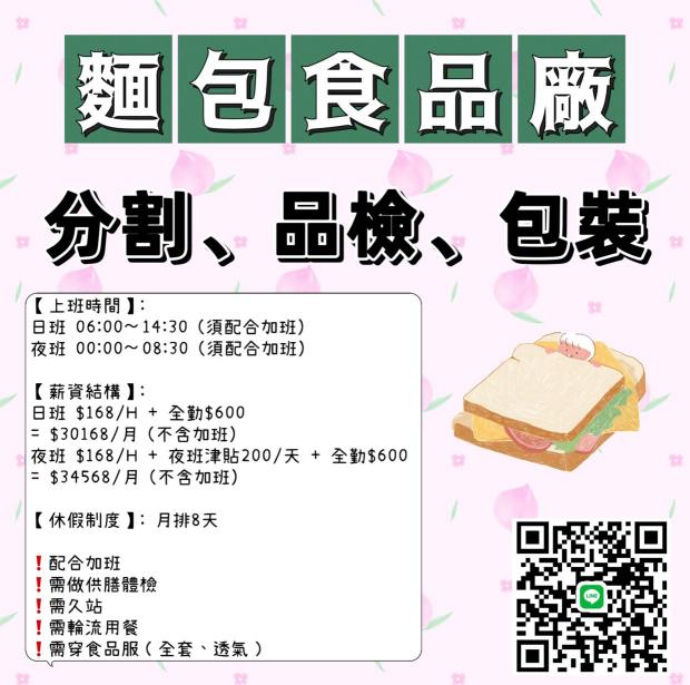 鼎🍑/中壢區/麵包食品/日班、夜班/包裝/作業員
