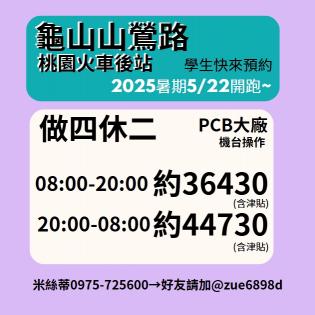 【2025學生暑期】做4休2【龜山山鶯路】機台操作員、品質檢驗員【日班約3萬6、夜班約4萬4】