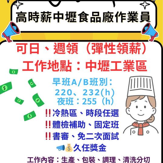 🐥✨ 中壢食品廠 高時薪穩定班別 ✨🐥
