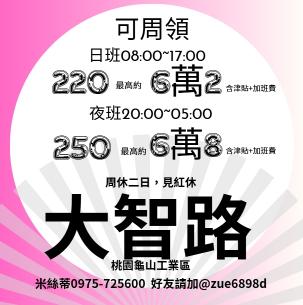 🟧桃園大智路🎁日班220／夜班250📌組裝員.作業員.伺服器❤️免費供餐