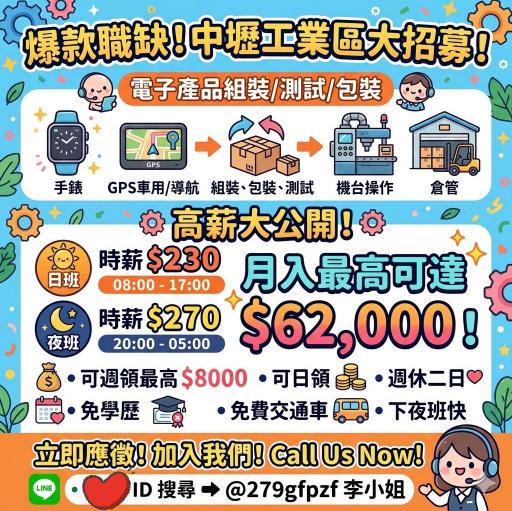 🔥中壢電子廠【時薪270】週休✨免費供餐✨可日領✨免費交通車✨免經驗