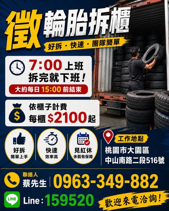 青埔大園大竹 ！輪胎拆櫃！7:00上班 見紅休