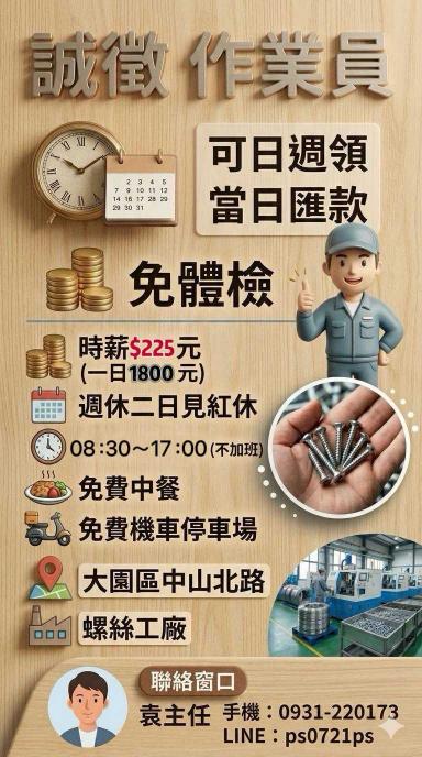 大園區(時薪225/H)（螺絲工廠）#日領💥早班品保，品檢人員，加工作業員，倉儲