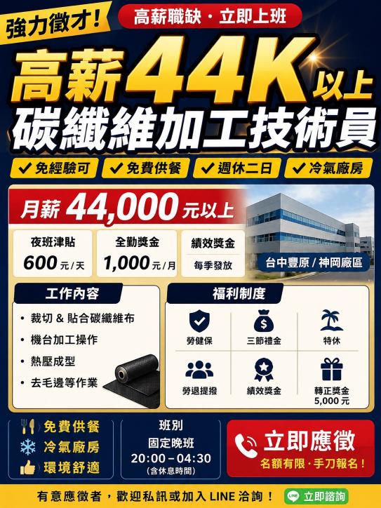 🔥高薪44K⬆!! 碳纖維加工作業員 | 冷氣房 | 周休二日