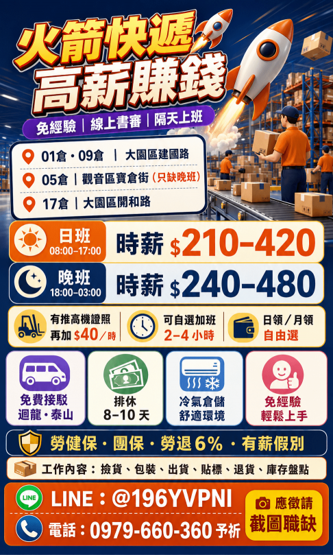 正常班/假日班❤️免費交通車上下班✅日領/周領/警示戶