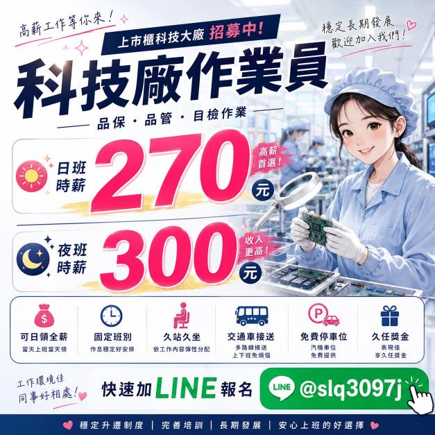 🔴日領全薪‼️🚌中壢+八德🚌免費接送上下班⭕品保作業員🔴月休15天🈷️領45000起