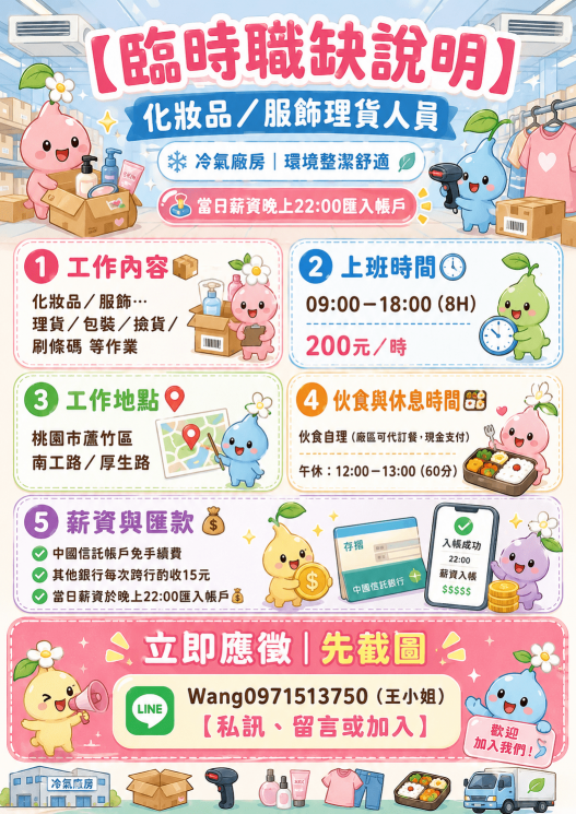 生活百貨用品理貨員  臨時人員時薪200 當日下班匯款  蘆竹區