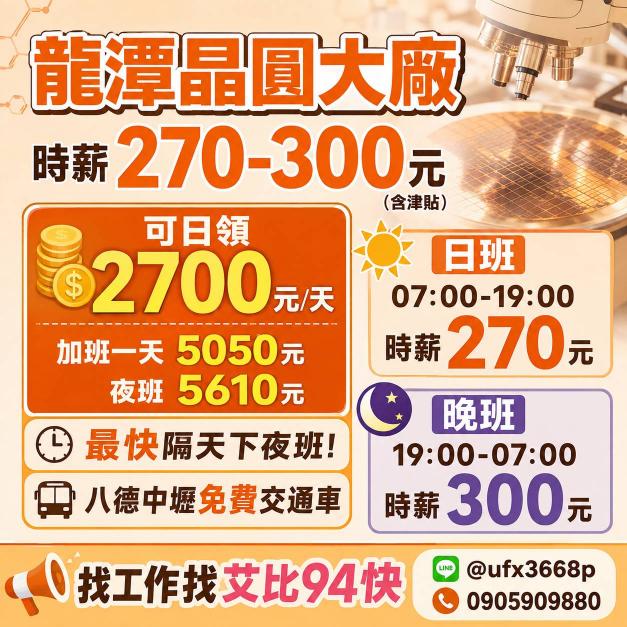 交通車接送🎈時薪300元🎊加班5610元/天🎆月休15天🎉隔天下夜班🎇免經驗