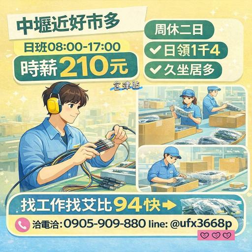 中壢久坐✨時薪210元🎁日領1仟4🧵久任3個月7仟🧨品檢或倉庫單位