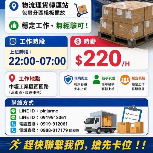 🔥中壢物流大夜班｜時薪$220💰可日領＋彈性領薪