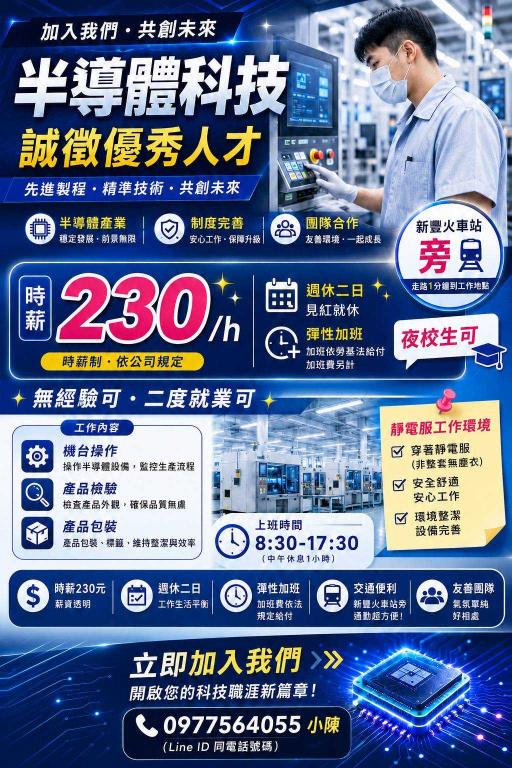 半導體科技廠｜高時薪 230/H 熱烈招募中