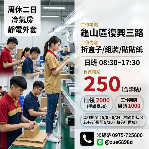 Ⓜ️短期日２５０高時薪／組裝／折盒子貼貼紙🔶周休二日【WiFi數據機】免費交通車